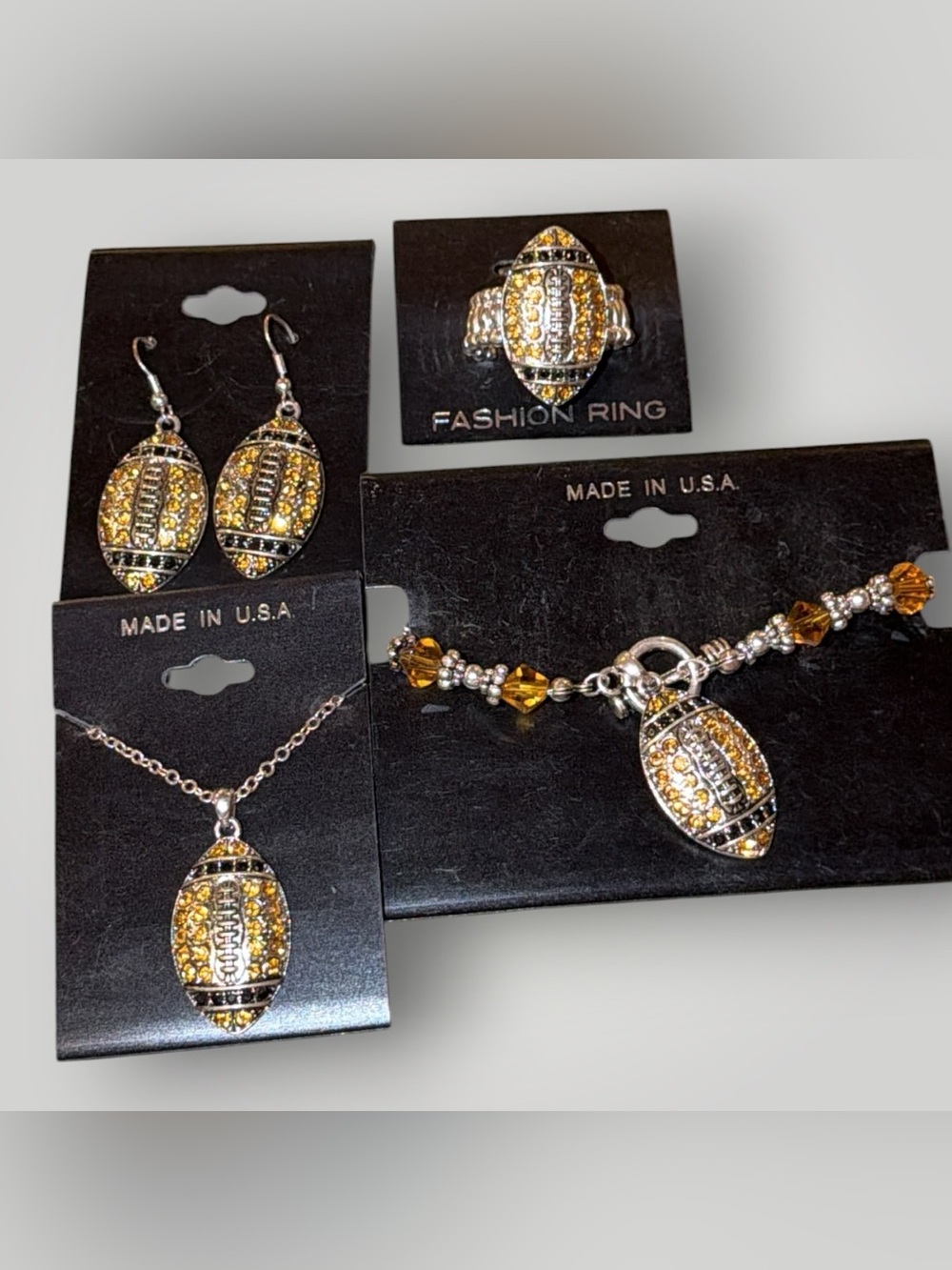 Made in USA Rhinestone Football Jewelry Set Necklace Earrings Bracelet Ring